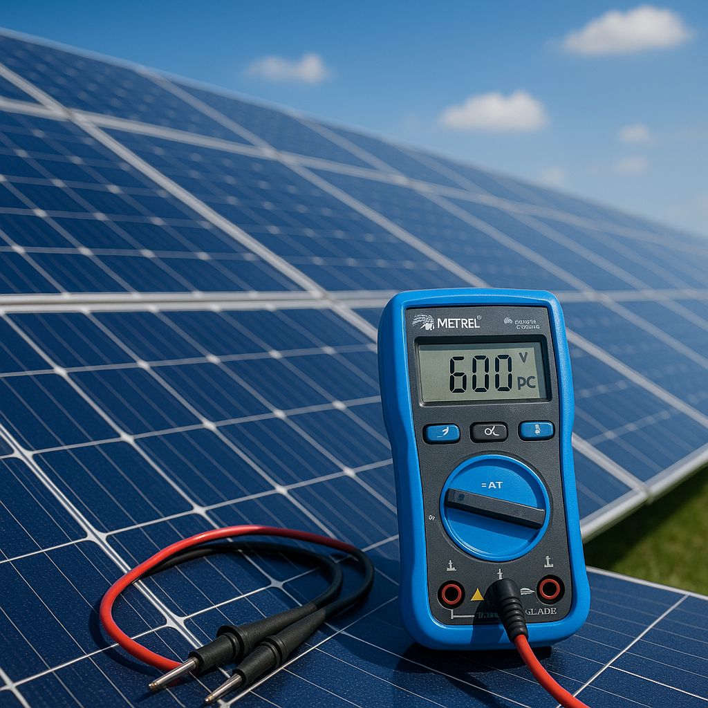 Měření napětí fotovoltaických panelů multimetrem při kontrole FVE
